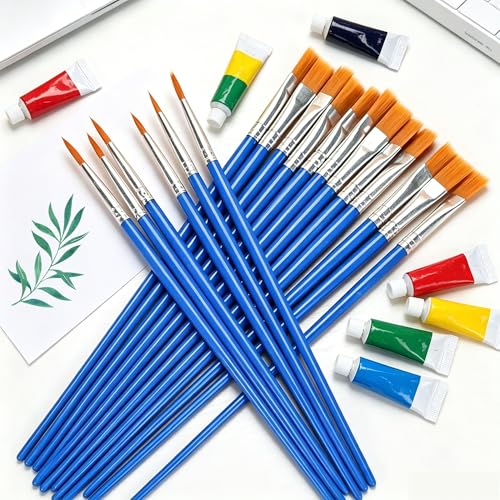200 Pcs Small Paint Brushes Bulk, 100 Flat & 100 Round Pointed Acrylic Paint Brushes for Kids Classroom, Art Watercolor Brushes for Canvas Face Painting Touch Up