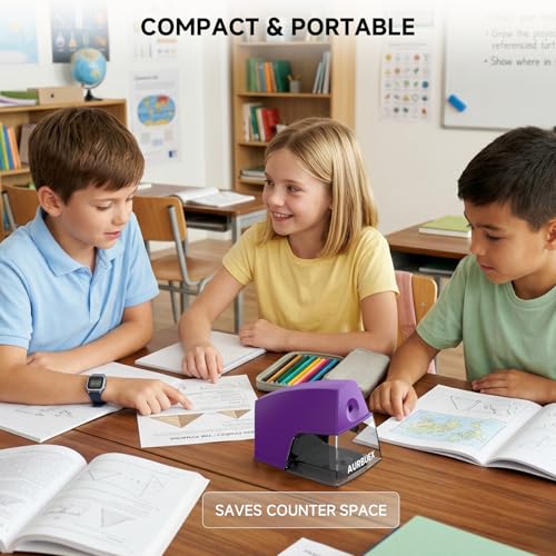 Electric Pencil Sharpener for 6 to 8 mm Pencils Helical Blade Fast 4 Second Sharpening Large Shavings Bin Non Slip Feet Safe Design for Classroom Office and Home Purple(S1131) - color: Purple