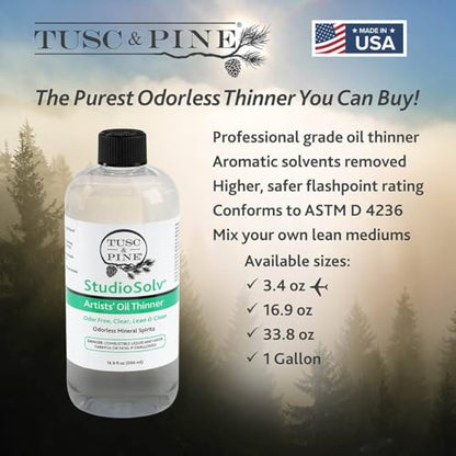 Tusc & Pine StudioSolv™ Odorless Mineral Spirits 3.4oz (100ml) | Purified Odor-Free Spirit Solvent For Thinning Oils, Artists, Painting Thinner, Professionals, & More!