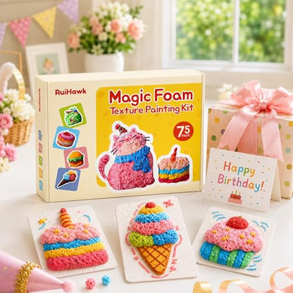 RuiHawk 3D Magic Foam Texture Painting Kit, 75 Pcs Puff Paint Art Supplies for Kids with 24 Auto-Flow Markers, 38 Texture Sheets & 10 Bead Necklace, Non-Toxic Creative Arts Crafts for Kids Ages 4-16