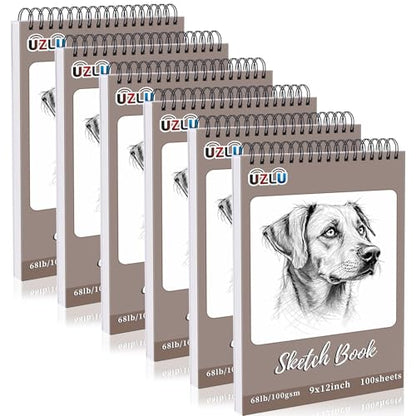 UZLU 6 Pcs Sketchbook Bulk 9 x 12 in 600 Sheets Top Spiral Bound Sketch Pad Drawing Paper 100 Sheets Each Acid Free Mixed Media Sketch Book 68lb/100gsm Art Supplies for Beginner Artist - size: 9x12in