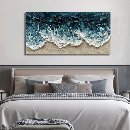 Art Hand-Painted Blue Ocean Beach Landscape Oil Painting Large Abstract Canvas Art Home wall Decoration 24x48 inches - color: Dn166