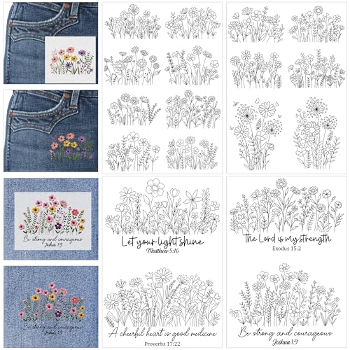 Water Soluble Stabilizer Embroidery Pattern - Bible Flower Stick & Stitch Embroidery Paper Wash Away, Wildflower Hand Sewing Patterns for T-Shirt Bag Towel (4 Sheets) - style: Flower974