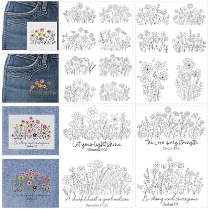 Water Soluble Stabilizer Embroidery Pattern - Bible Flower Stick & Stitch Embroidery Paper Wash Away, Wildflower Hand Sewing Patterns for T-Shirt Bag Towel (4 Sheets) - style: Flower974