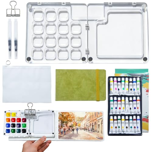 Krbnk Mini Watercolor Travel Set 24 Vibrant Colors Acrylic Grid | 15 Grids Palette with Sketchbook and Waterbrushes All In One Portable Painting Kit for Artists and Students - size: 15 Grid Acrylic