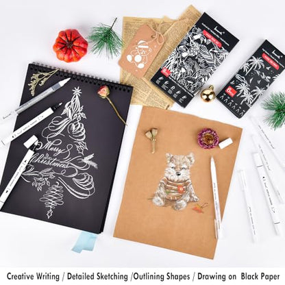Brusarth White Ink Pen Set, Opaque Acrylic Gel Ink for Black Paper | Archival Dual-Tip White Opaque Pens, Fine & Brush Tips for Black Paper Drawing,Sketching,Illustration,Card Making