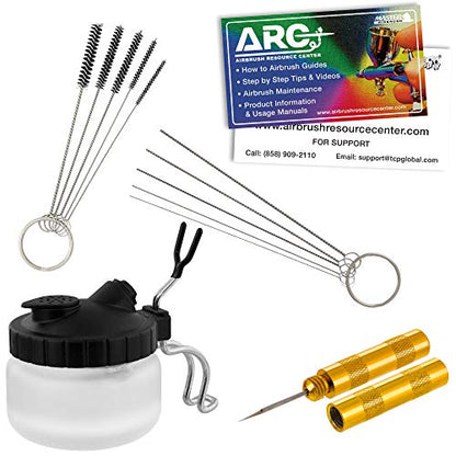 Master Airbrush 13 Piece Airbrush Cleaning Kit, Needles, Brushes, Glass Pot | Glass Cleaning Pot Jar with Holder, 5 pc Cleaning Needles, 5 pc Cleaning Brushes, 1 Wash Needle, & How to Link Card