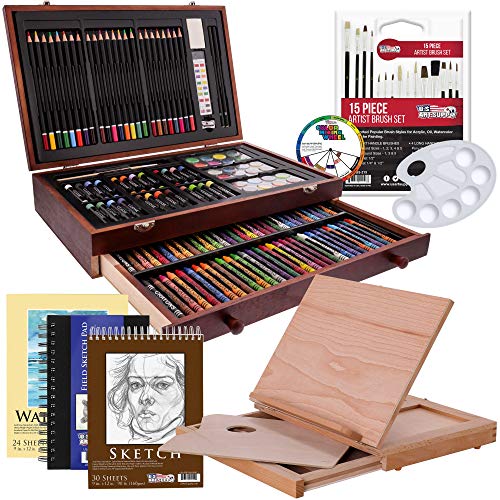 U.S. Art Supply 163-Piece Mega Wood Box Artist Kit with Easel, Painting | Drawing & Art Supplies for Adults - Watercolors, Oil Pastels, Pencils, Crayons & Brushes - Art Kit for Adults, Gift Set - size: 163-Piece