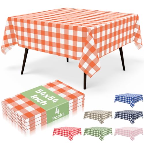 misaya 4 Packs 54 x 54 Inch Buffalo Disposable Table Cloth, Waterproof Plastic Tablecloth, Square Orange and White Checkered Table Covers for Picnic, Birthday, Party - color: Orange and White, size: 54" X 54"