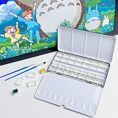 FCLUB Empty Watercolor Metal Palette with 28 Standard 3ml Full Pans | Travel, studio & plein air painting, For Artists, students & hobbyists, Smooth mixing surfaces, Portable metal palette - style: Tin Box with 28 Full Pans