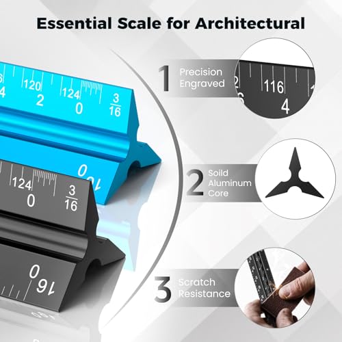 Rena Chris 2PCS Architectural Scale Ruler: 12" Imperial Aluminum Alloy Metal Architecture Measuring Tools, Engineering Drafting Construction Drawing Blueprints Triangular Architect Scaling Rulers - color: Blue+Black