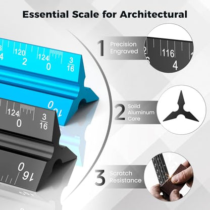 Rena Chris 2PCS Architectural Scale Ruler: 12" Imperial Aluminum Alloy Metal Architecture Measuring Tools, Engineering Drafting Construction Drawing Blueprints Triangular Architect Scaling Rulers - color: Blue+Black