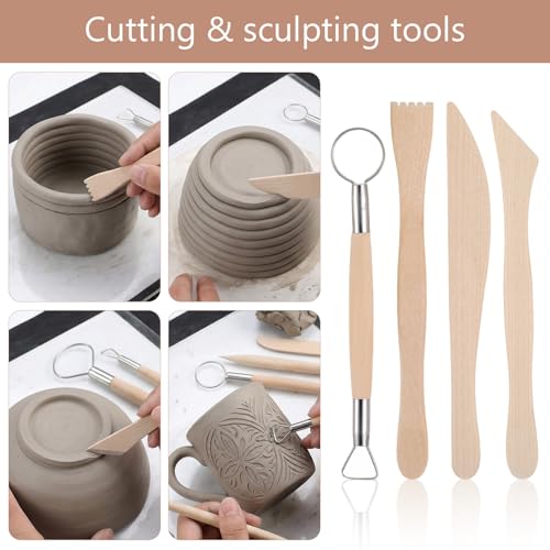 Kenaeooe 42 PCS Pottery Tools Kit Professional Clay Sculpting Tools Set with Leather Roll Bag for Polymer Clay, Ceramic, Modeling, Carving, Trimming, and Shaping for Artists and Beginners