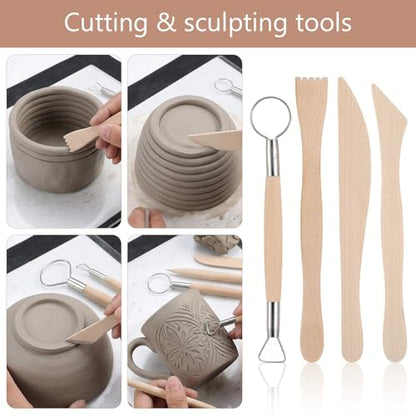 Kenaeooe 42 PCS Pottery Tools Kit Professional Clay Sculpting Tools Set with Leather Roll Bag for Polymer Clay, Ceramic, Modeling, Carving, Trimming, and Shaping for Artists and Beginners