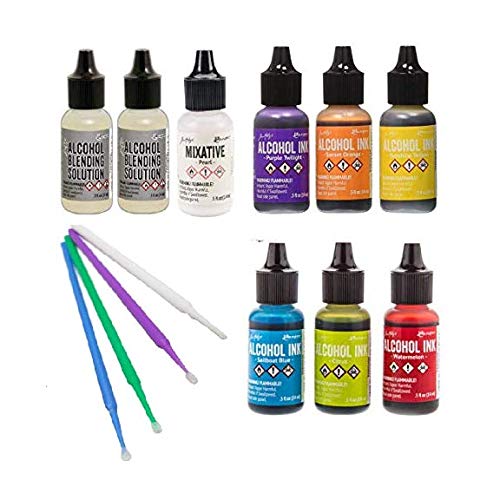 Tim Holtz Adirondack Alcohol Ink Value Pack Bundles of Favorite Colors Plus Pearl Mixative with Two Alcohol Blending Solutions, Bonus Purple Turtle Blending Sticks, (Favorite 2 Brights) - color: Favorite 2 Brights