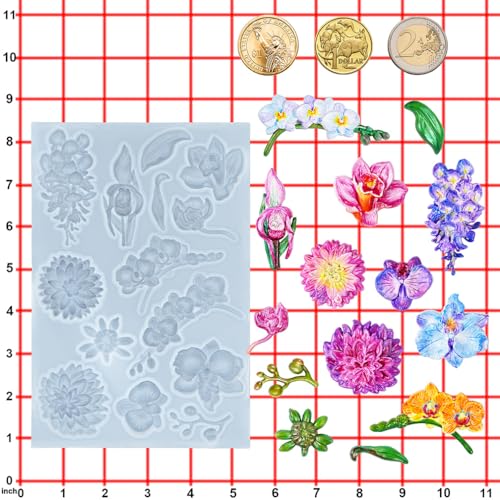 Flower Fondant Mold for Air Dry Clay Crafts 14-Cavity - color: Flower (Orchid Wisteria Dahlia) 14-cavity #5592
