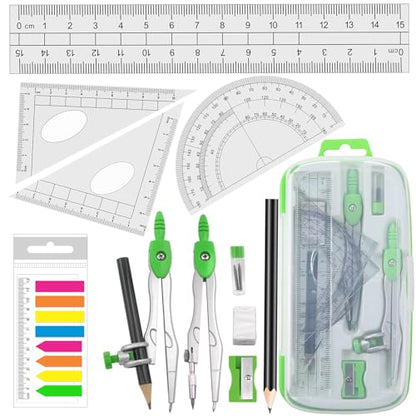 Akuoly Geometry Compass Kit Starter Maths Set with 2 Drafting Compasses Protractor Set Squares Ruler and More for Students Maths Study, Green