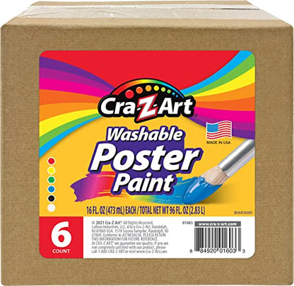 Cra-Z-Art Washable Poster Paint Bulk, Assorted Colors 16oz each bottle, 6 count
