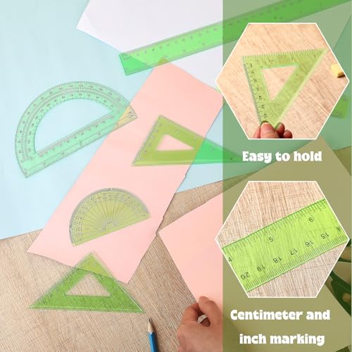 Zonon 7‑Piece Geometry Set with Drawing Compass, 6 & 4 Inch Protractors, Triangle Rulers and Straight Rulers, Transparent Math Drafting Supplies for Back to School, Students and Office Use(Green) - color: Green