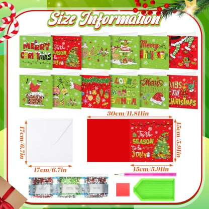 Saillong 12 Pack Christmas Diamond Painting Greeting Card Kits DIY Lime Green Christmas Diamond Art Cards with Envelopes Xmas 5D Rhinestones Painting for Adults DIY Craft Family Friend Xmas Gifts - color: Lime Green Christmas