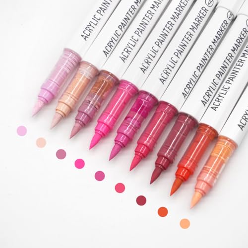 Water Based Acrylic Paint Markers, 9 Colors Paint Pen Set | Pink-2 Series, Soft Brush Tip, Smooth Writing, Marker Pen for Rock Painting, Egg, Wood, Glass, Mugs, Black Paper - color: Pink 2.0