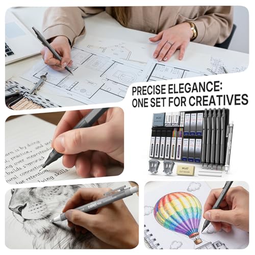 WUO Mechanical Pencil Set, 5 Pack Drafting Pencils 0.5/0.7/0.9/2.0/2.0mm | Mechanical drawing pencils, 432 lead refills, erasers/sharpeners for drafting, technical drawing, sketching, writing & art - color: Grey, size: 0.5/0.7/0.9/2.0