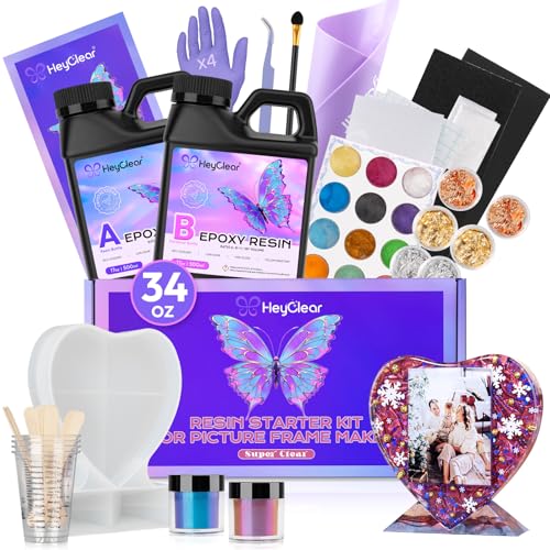 HeyClear Epoxy Resin Picture Frame Heart-Mold Kit, 34oz Clear and Hard Resina Complete Craft Accessories and Supplies Set for Casting Art, DIY Photo Gifts - size: 34oz frame kit