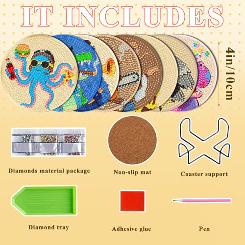 DOTSOPS 8 Pcs Animal Diamond Painting Coasters for Beginners with Holder - color: Eanimal