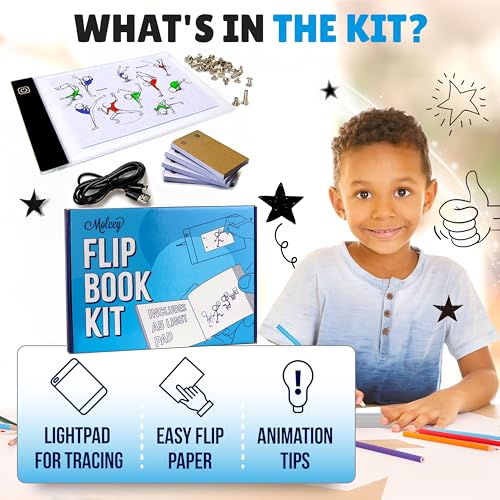 Flip Book Kit with LED Light Pad and Flipbook Paper, Animation Kit for Kids | Includes Starter Guide and Animation, A5 Light Box, Flip Book Animation Paper for Drawing, Binding Screws,Flip Books for Kids
