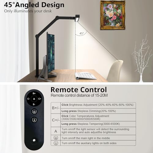 Architect Desk Lamp with Remote Control, Adjustable Led Desk Light for Home Office with Base, 24W Bright Auto Dimming Table Light Rotatable Office Lamp with Swing Arm for Computer Cafting - color: Dark Black