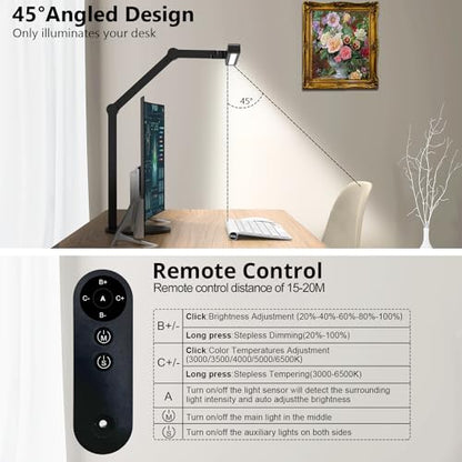 Architect Desk Lamp with Remote Control, Adjustable Led Desk Light for Home Office with Base, 24W Bright Auto Dimming Table Light Rotatable Office Lamp with Swing Arm for Computer Cafting - color: Dark Black