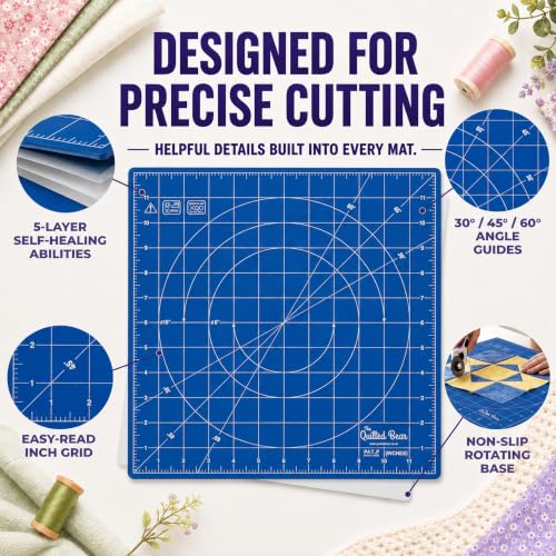 The Quilted Bear 12" x 12" Rotating Self-Healing Cutting Mat, Blue | Square Mat, 360° Rotation, Locking Mechanism, 5-Layer Surface, Non-Slip Base, Clear Inch Grid & Angle Guides for Quilting - color: Blue, size: 12"L x 12"W