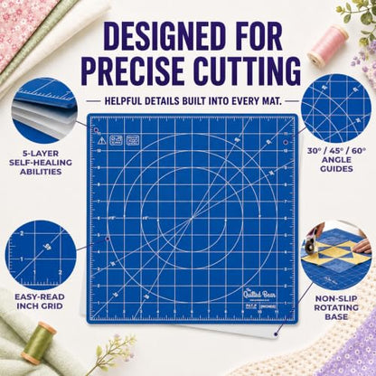 The Quilted Bear 7" x 7" Rotating Self-Healing Cutting Mat, Blue | Square Mat, 360° Rotation, Locking Mechanism, 5-Layer Surface, Non-Slip Base, Clear Inch Grid & Angle Guides for Quilting - color: Blue, size: 7"L x 7"W