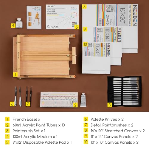 MEEDEN Art Set with French Easel: Acrylic Painting Kit for Adult Artists | Complete Starter Kit with 10–60ML Acrylic Paints and Paintbrushes for Beginners and Professional Artists