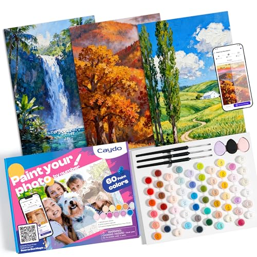 Caydo Custom Paint by Numbers Kit for Adults, Turn Your Photo into A4 Paint Templates in 5 Minutes via App with 60-Color Acrylic Set and 3 Blank Canvases for Gift(with Frame) - size: 8.3"x11.7" with Frame