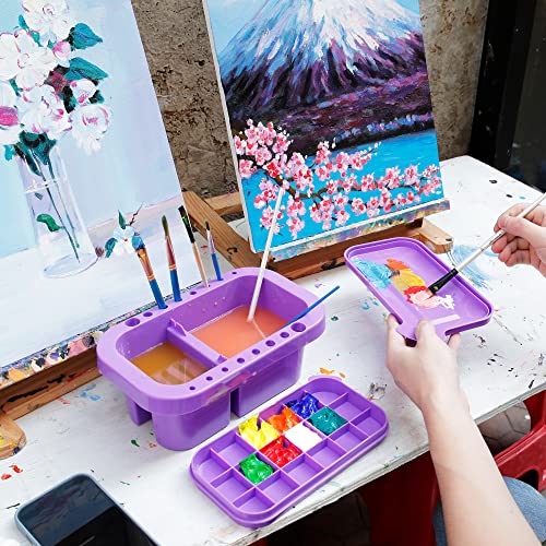 MyLifeUNIT Paint Brush Cleaner, Paint Brush Holder with Palette, Purple | 18 mixing wells, 16 slots fitting 0.24-0.63 in diameters, 3 washing compartments, removable tray lid - color: Purple