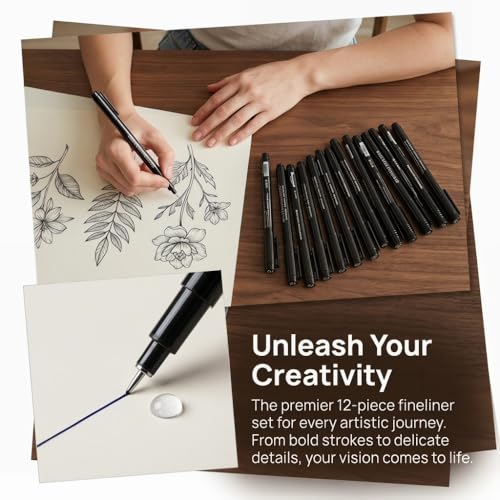 Fine Line Drawing Pens 12 Count, Waterproof Black Ink Micro Liner Markers, Precision Nibs for Sketching, Comic and Outlining