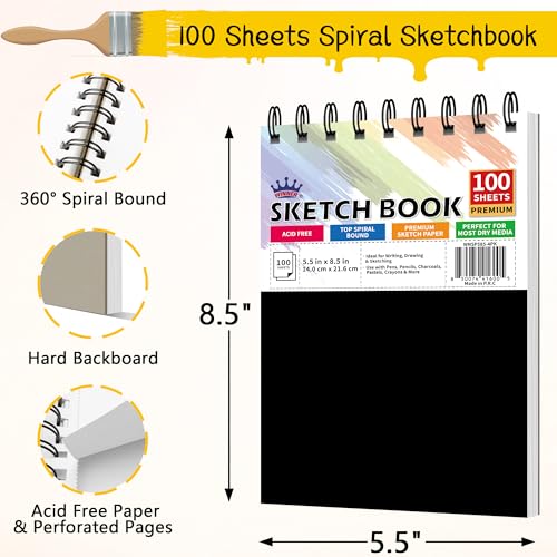 WINNER 5.5" x 8.5" Sketch Book, 400 Sheets Top Spiral Bound Sketch Pad, 68lb/100gsm White Acid Free Drawing Paper, Art Supplies for Kids Adult Beginners Artists, 4 Pack - color: Black, size: 5.5"X8.5"