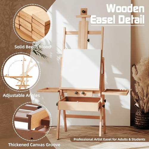 Beech Wood H-Frame Easel for Painting with Tray & Drawer, Natural | Heavy-duty Floor Adjustable Height & Angle Studio Art Easel Stand, Holds 30"-50" Canvas, Foldable Painting Easel for Adults - color: Natural