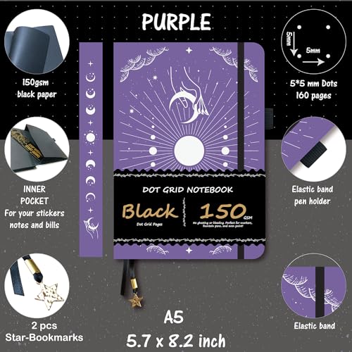 BUKE Dotted Journal - 150gsm Black Paper - 5 * 5mm DOT GRID Layout 160 Pages - A5 Size PU Leather Hardcover Drawing Sketch Notebook (Purple) - color: Purple