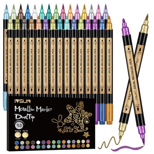 30 Colors Dual Tip Metallic Acrylic Paint Marker pens with Brush & Fine - color: 30 Colors