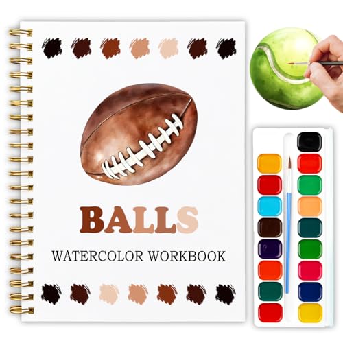 12 Patterns Sports Balls Watercolor Book, Basketball Soccer Football Tennis Painting Workbook, DIY Art Gift for Teen Athletes and Adult Fans, Stress Relief Water Coloring Activities - color: Brown-Sports