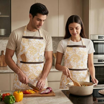 FINGERCRAFT Apron, Dual Pocket, Adjustable Tie, Multipurpose Washable Bib Apron for Home, Kitchen, Chef and Professionals - color: Bloom Gold Ochre