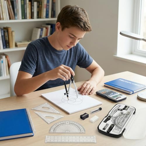 10-Piece Compass Set, Black Plastic Case, Precision Geometry Kit for Drafting, Engineering, Drawing & Technical Design – Includes Compasses, Rulers, Protractor, Pencil, Eraser & Sharpener