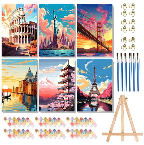 6 Pack Framed Paint by Numbers Kit for Adults Beginners with Wooden Easel,Scenery-Cityscape Easy Adults' Paint-by-Number Kits with Frame,DIY Number Painting Adults for Decor Present 8x12 inch