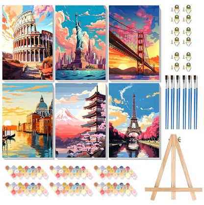 6 Pack Framed Paint by Numbers Kit for Adults Beginners with Wooden Easel,Scenery-Cityscape Easy Adults' Paint-by-Number Kits with Frame,DIY Number Painting Adults for Decor Present 8x12 inch