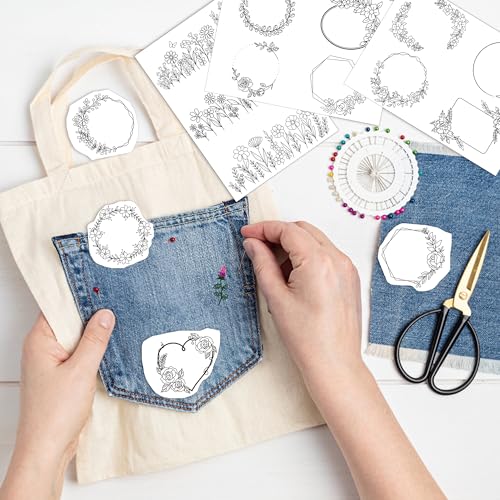 Water Soluble Stabilizer for Embroidery - CRASHOT 4 Sheets Stick and Stitch Embroider Paper Wash Away, Floral Round Heart Square Flower Frame Designs, Suprise for Hand Sewing Lover - style: Flowerframe1553