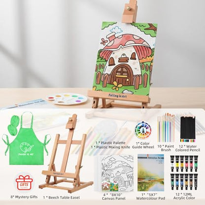 52 Pcs Kids Acrylic Paint Set with Table Easel, Green | Art Painting Kit with Paints, Canvas Panels, Paintbrushes, Canvas Supplies Kit for Kids, Adults, Beginners, and Artists - color: Green