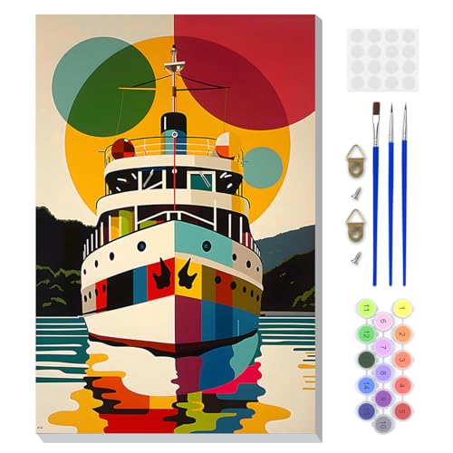DOMROM Framed Paint by Numbers Kit for Adults, Boat DIY Paint by Number Kits on Canvas, Easy Boat Painting by Numbers for Home Wall Decor Gift 8x12 Inch - color: PK046