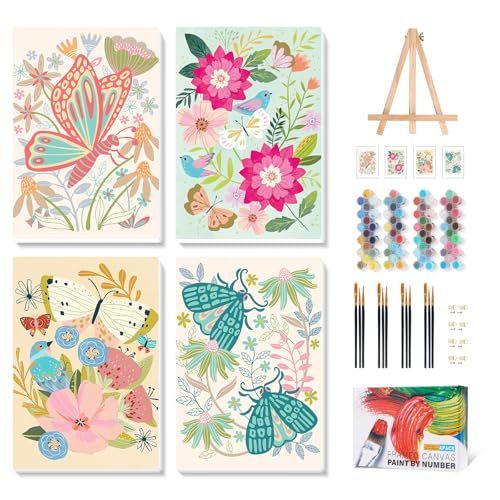 Camocin 4 Pack Framed Paint by Numbers Kit for Adults with Wooden Easel | Flowers & Butterfy Vintage Floral Garden Artwork, DIY Canvas Painting Set, Beginner Friendly, Home Wall Decor, 8x12 Inch - color: LBOP4PF10